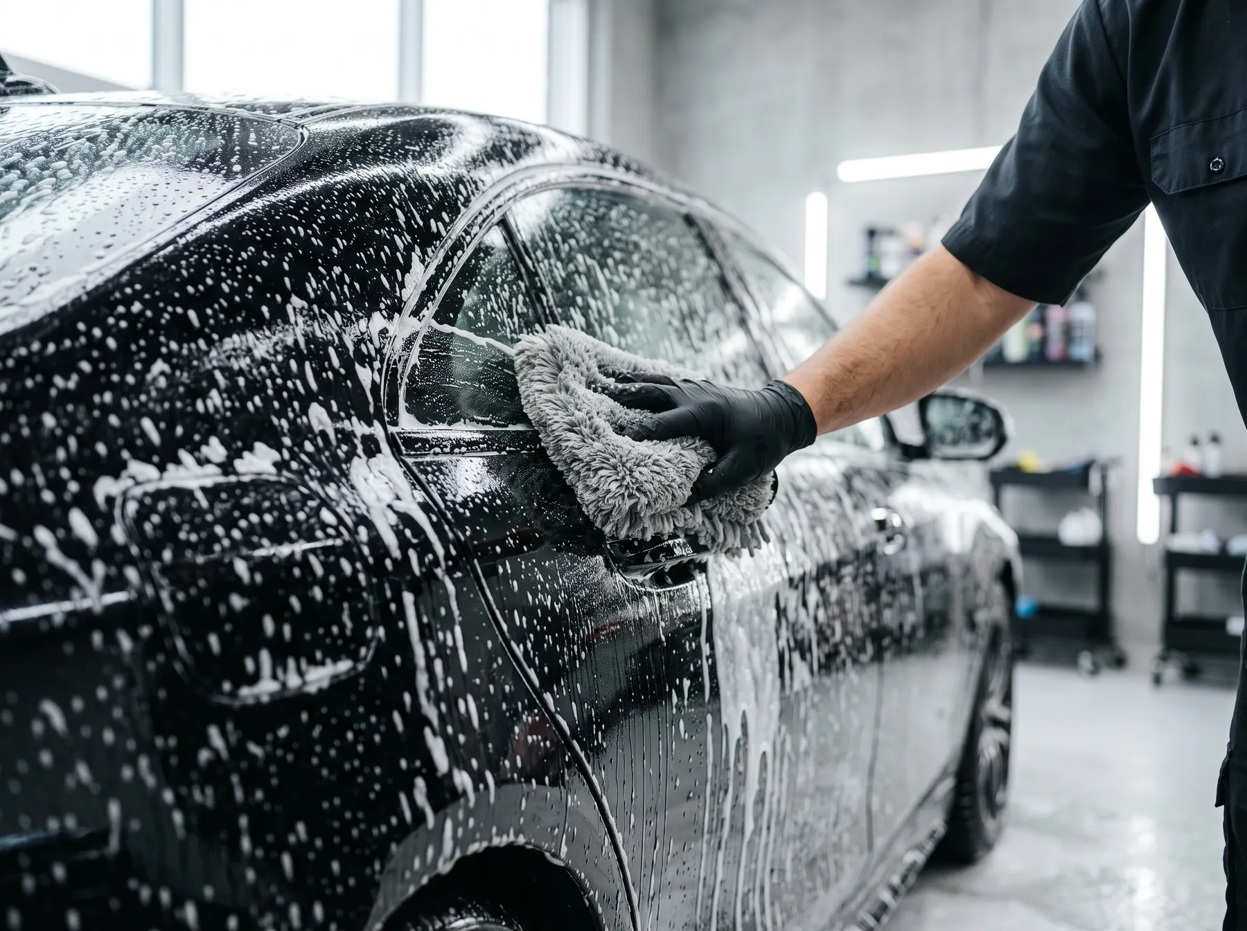 Schwarze Limousine wird von Hand mit Schaum und Waschhandschuh gewaschen